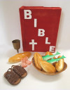 The Bible, five loaves, two fish, sandals, and a chalice
