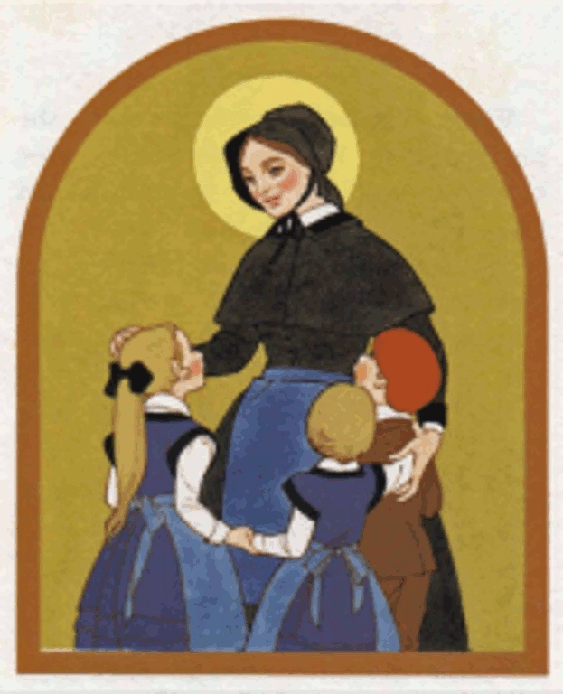 A woman with a halo nurturing three children